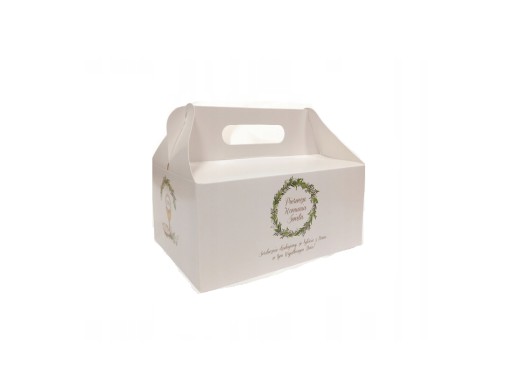KRABIČKA NA TORTY BIELE POTLAČ PRVÝ SPOJOVÝ VENIEC 19x14x9cm ČERVENÝ PLAST