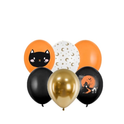 Sada 6 ks balónov mačiatka HALLOWEEN čierne zlato