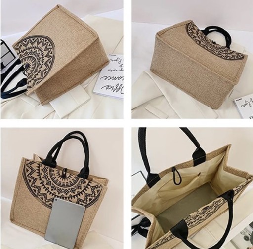 Béžová čierna plátenná taška Boho BAG A4