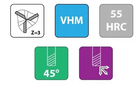 Karbidová fréza VHM 55HRC, 3 hliníkové čepele, 3 stopka