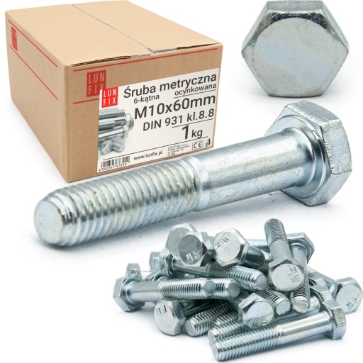 M10x60 Skrutka metrická šesťhranná DIN 931, pozinkovaná, s kľúčom, trieda 8.8, 1 kg