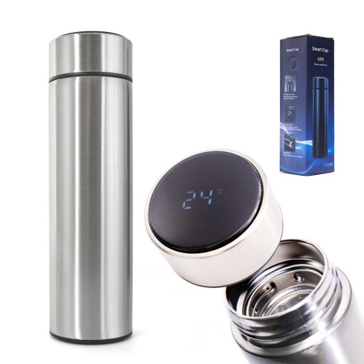 Termoska smart LED termohrnček na fľašu, 500ml, strieborná