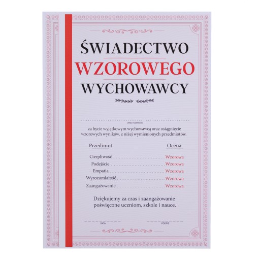 CERTIFIKÁT VZORNÉHO PEDagóga - ČERVENÝ PÁS - KONCOVÝ DARČEK (A4)