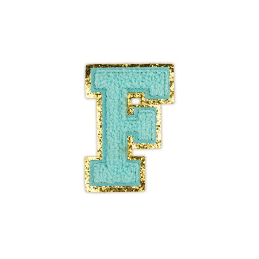 PATCH LETTER F, trblietky, modrá, azúrová