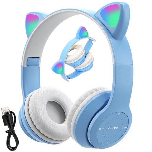 BEZDRÔTOVÉ SLÚCHADLÁ USB RGB LED MAČACIE UCHY PRE DETI BLUETOOTH