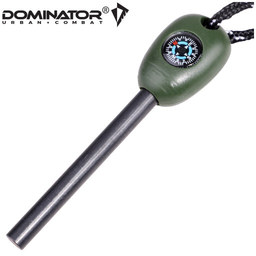 Turistický magnéziový zapaľovač malý kľúčik DOMINATOR KOMPAS PÍSKAL Olivový