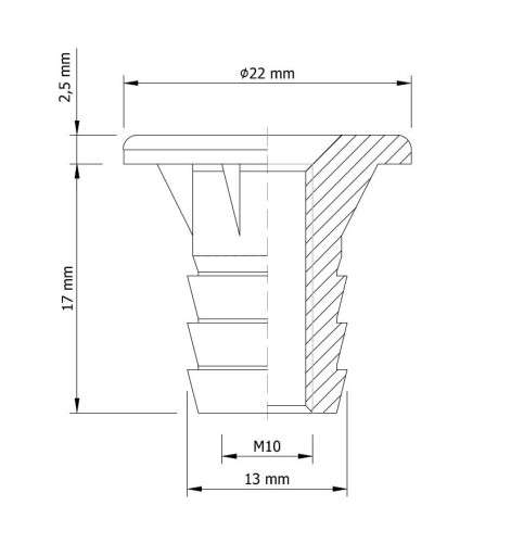 Zásuvka 10x M10 x 17 mm, hnaná nábytková vložka na drevo, nábytkové nožičky