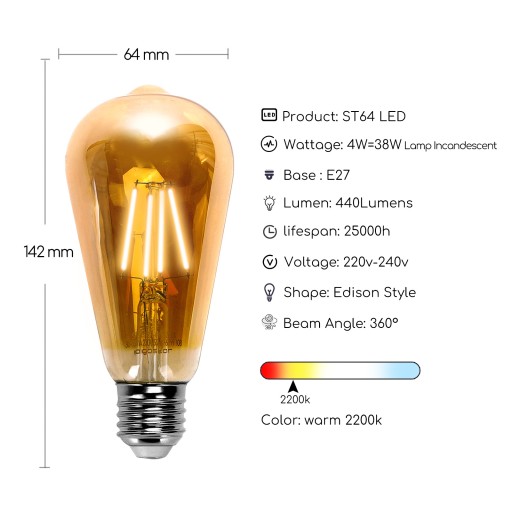 E27 LED žiarovka ST64 4W RETRO medovo žltá jantárová 2200K
