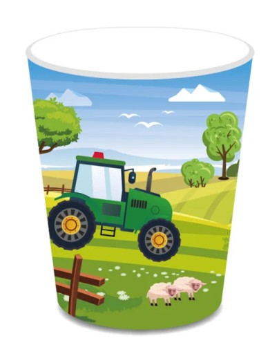Hrnčeky, papierové kelímky, 200 ml, sada 6 ks, na narodeniny, traktor, eko farma