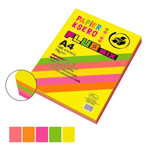 A4 farebný kopírovací papier, fluo, 100 listov, 5 farieb.