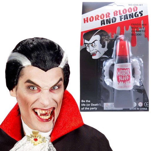 SET umelá krv HALLOWEEN zuby UPÍRSKE FANGS čeľusť tvorí