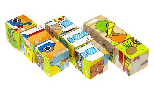 Náučné drevené kocky puzzle kocky skladačky Vozidlá 6v1 9 dielikov.