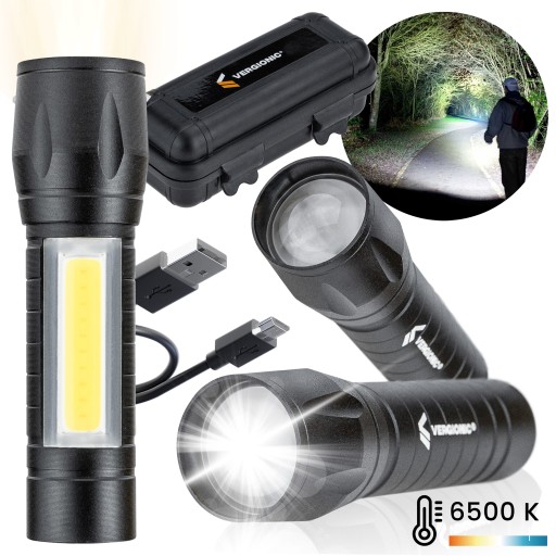 Taktická dobíjacia LED baterka s káblom + súprava pevného puzdra + ZOOM