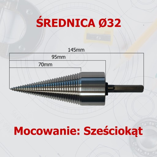 Vrták 32 mm na štiepanie dreva, kužeľ, štiepací vrták HEX10