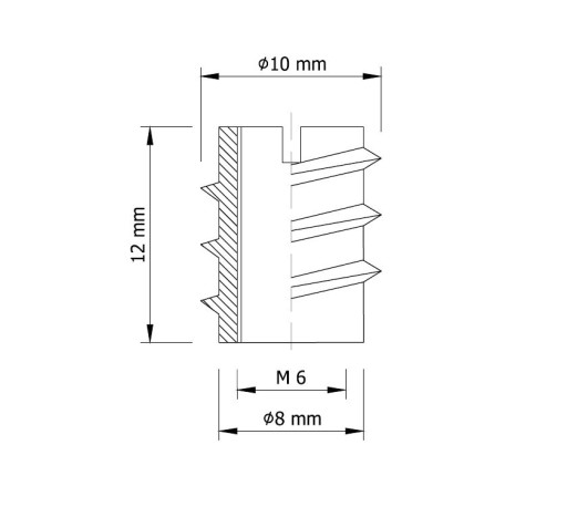 10x Nábytkový spoj M6 x 12 mm skrutkovaný do dreva, oceľová vložka so zárezom
