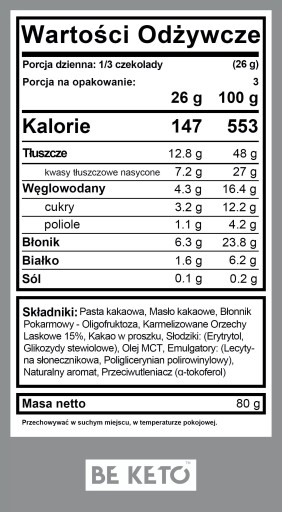 BeKeto Vegan Keto Čokoláda s MCT olejom - karamelizovaný lieskový orech