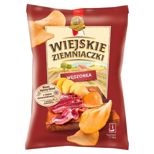 Wiejskie Ziemniaczki Chipsy s príchuťou údeného mäsa 130 g