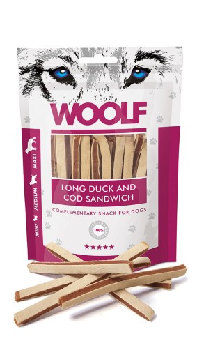 WOOLF prírodná pochúťka dlhé sendviče s kačicou a treskou 100g