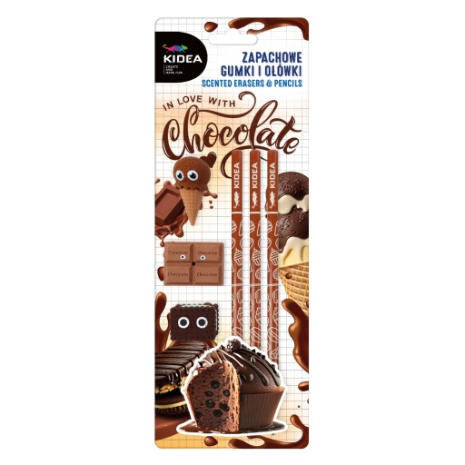 Voňavá sada 3x školských ceruziek a vonných gumičiek CHOCOLATE KIDEA