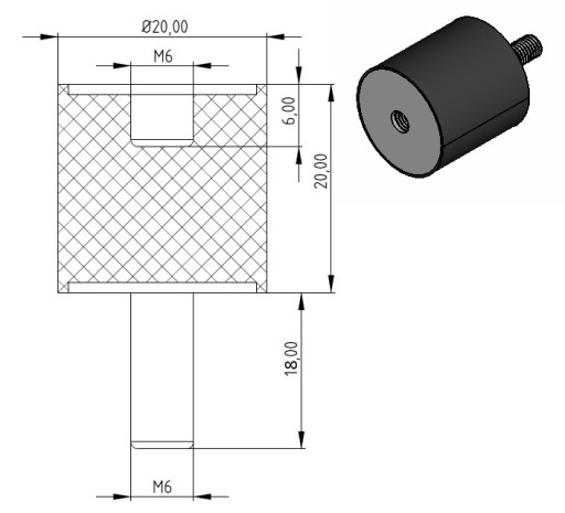 VIBRO IZOLATOR B 20x20 M6x18 Gumový vankúš Tlmič vibrácií Izolátor vibrácií