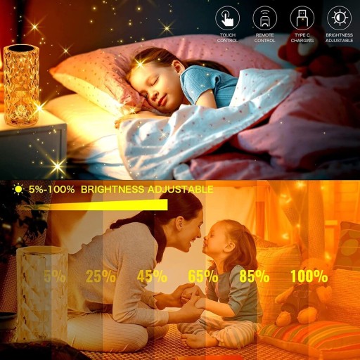 KRYŠTÁLOVÁ STOLOVÁ LAMPA SPÁLŇOVÁ STOLNÁ LAMPA RGB DIAMANTOVÁ LED + DIAĽK.