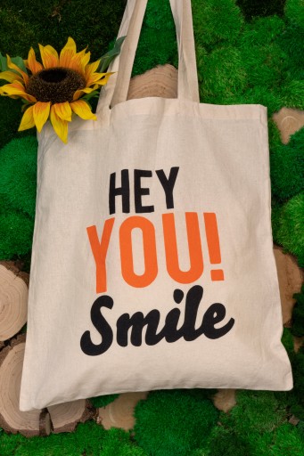 Bavlnená taška s potlačou 38x42cm 145g ecru Hey You! Úsmev eko nápis