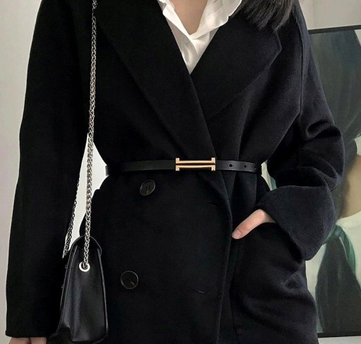 Dámsky tenký elegantný čierny retro kožený opasok