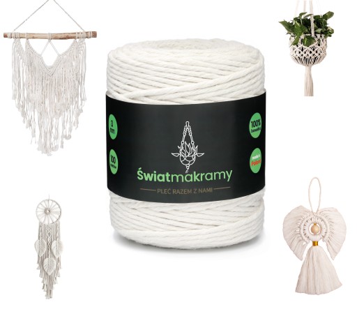 Macrame struna 3 mm Prírodná biela. Skrútený na lapač snov na 100 metrov