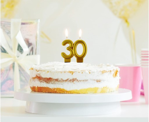 Sviečka číslo 30 BIRTHDAY, zlatá, metalíza, B&C, 8 cm