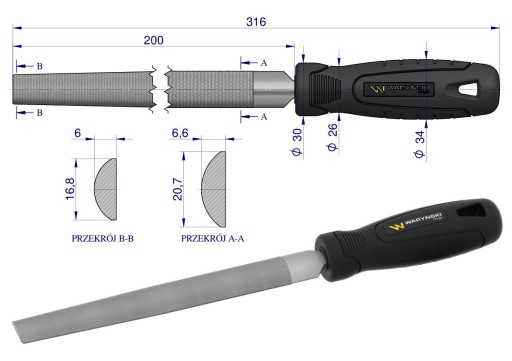 Polguľatý pilník 200 mm Waryński