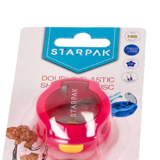 RUŽOVÉ plastové strúhadlo. DOUBLE s nádobou STARPAK, školské orezávače