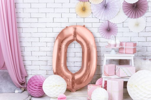Fóliový balónik CYFRA 0 rose gold rose gold veľký 86 cm pre HEL k narodeninám