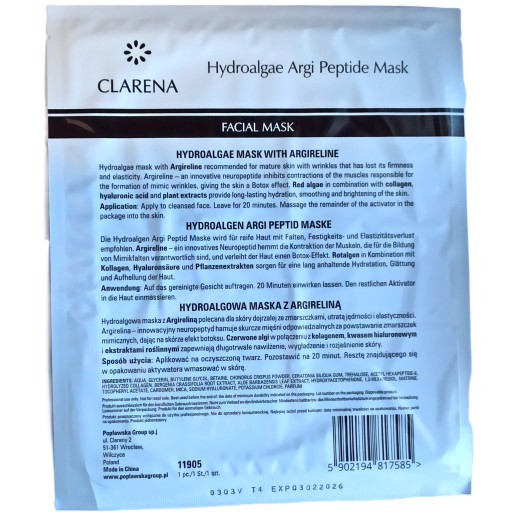Maska Clarena Hydroalgae Argi Peptide pre zrelú pleť so stratou pevnosti