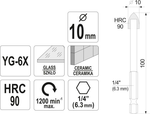 VŔTAČKA DO SKLA, KERAMIKA, PORCELÁNU, 10mm HEX