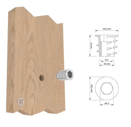 Zásuvka 10x M5 x 10 mm, oceľová nábytková vložka skrutkovaná do dreva