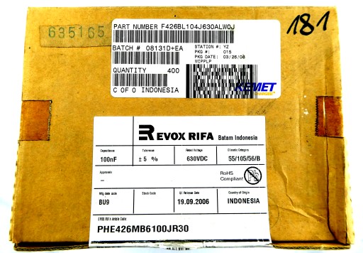 Fólia RIFA 100nF 0,1uf 5% 630V DC 25ks
