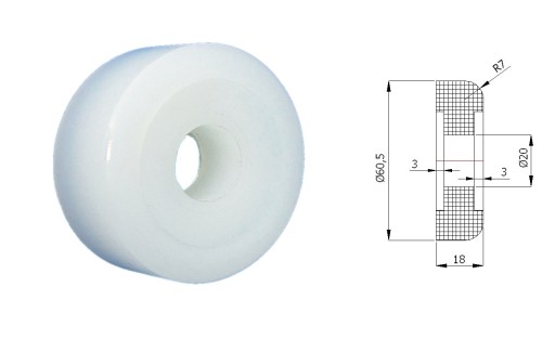 Polyamidový valček na brány bez ložísk, priemer 60mm, priemer 20mm