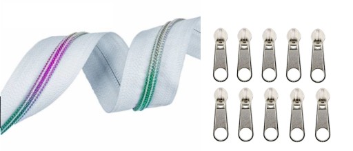 LuxTextil Zipsová páska Zips 5mm ŠPIRÁLA +10 Zipsov 5m DÚHOVÁ BIELA