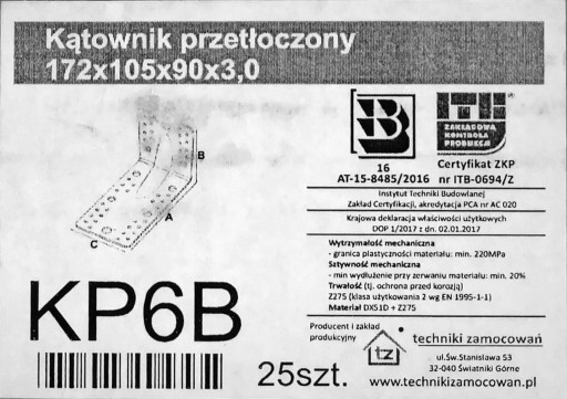 Konektor Tesársky štvorhran 172x105x90x3,0 KP6B