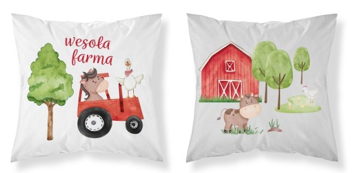Bavlnená obliečka na vankúš 40x40 Happy farm, červený traktor, biela a šedá