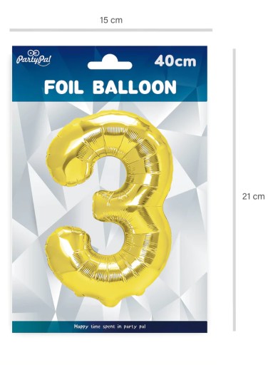 Fóliový balónik CYFRA 3 k narodeninám, Zlatá TROJKA, 40 cm