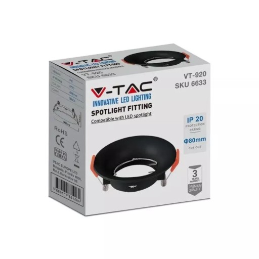 V-TAC GU10 Zadlabacie očko okrúhle čierne VT-920 3-ročná záruka