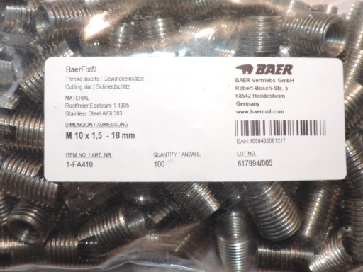Objímka na opravu závitu M10 x1,5 18mm, NEREZ