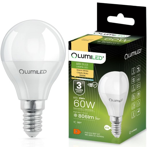LED žiarovka E14 Ball P40 8W = 60W 806lm 3000K Teplá CCD 180° LUMILED