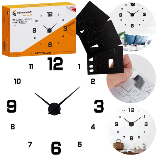 Nástenné hodiny nalepené na stenu Silent DIY LOFT Modern Black 40cm
