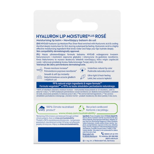 NIVEA Hyaluron Moisture Plus Sheer Rose Balzam na pery 4,8 g