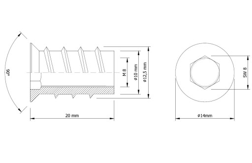 10x nástrčná skrutka M8 x 20 mm, dvojzávitová, skrutkovacia, drážkovaná skrutka do dreva