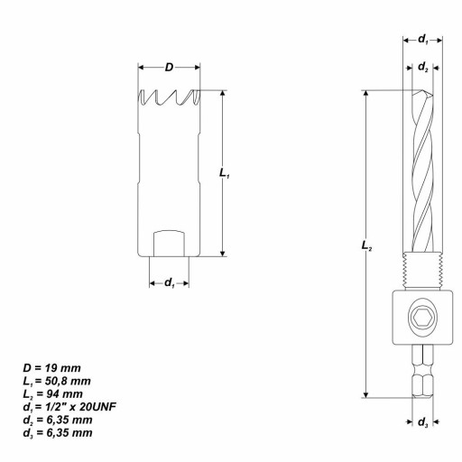Sada - Bimetalová dierová píla, priemer 19 mm + adaptér