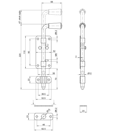 Západka LATCH lakovaná - čierna 220mm fi12mm brána a uzáver brány