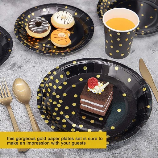 Veľké ČIERNE papierové taniere s narodeninovým grilom GOLD DOTS 23cm 6 ks